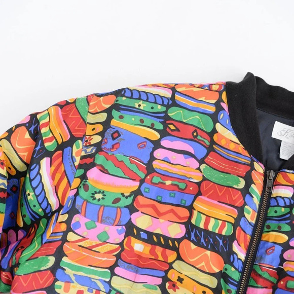 Vintage K Arnold 100% Silk Rainbow Pattern Bomber Jacket M - Picture 11 of 14